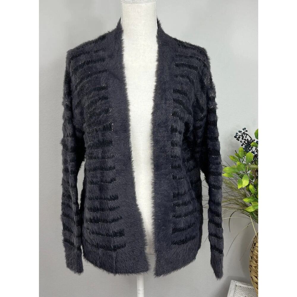 Trucloth Womens Striped Fuzzy Eyelash Knit Cardigan Sweater Sz M Open Purple EUC
